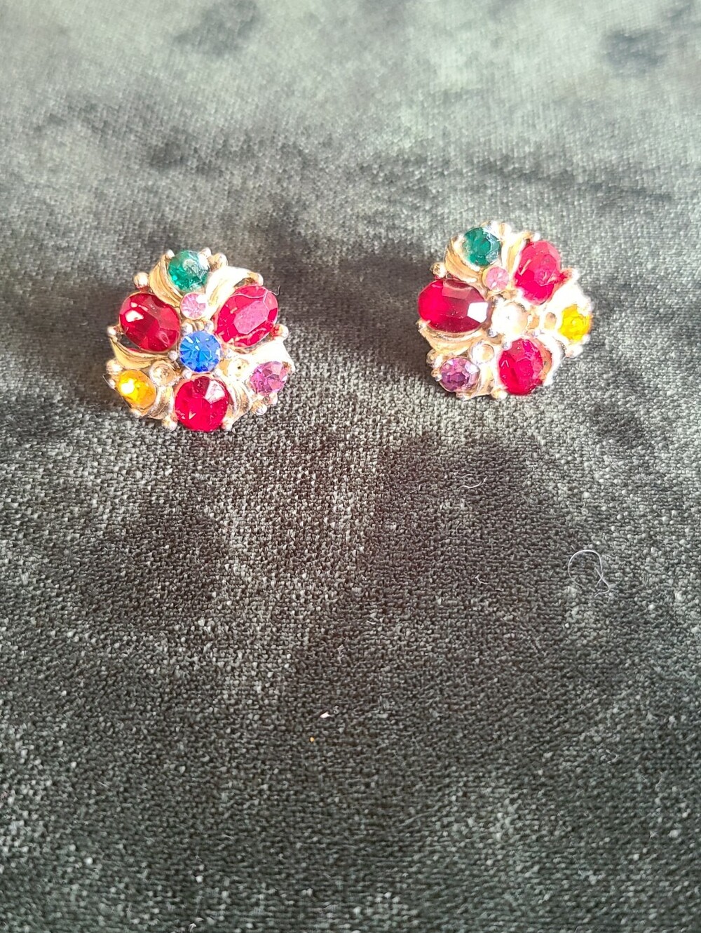 Vintage Gold-Tone Multicolor Floral Gem Screw Back Earrings